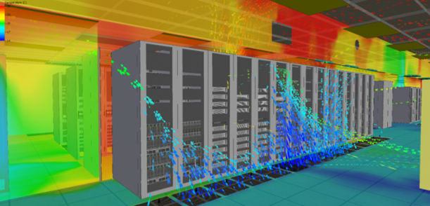 Data center CFD analysis showing airflow and temperature distribution around server racks